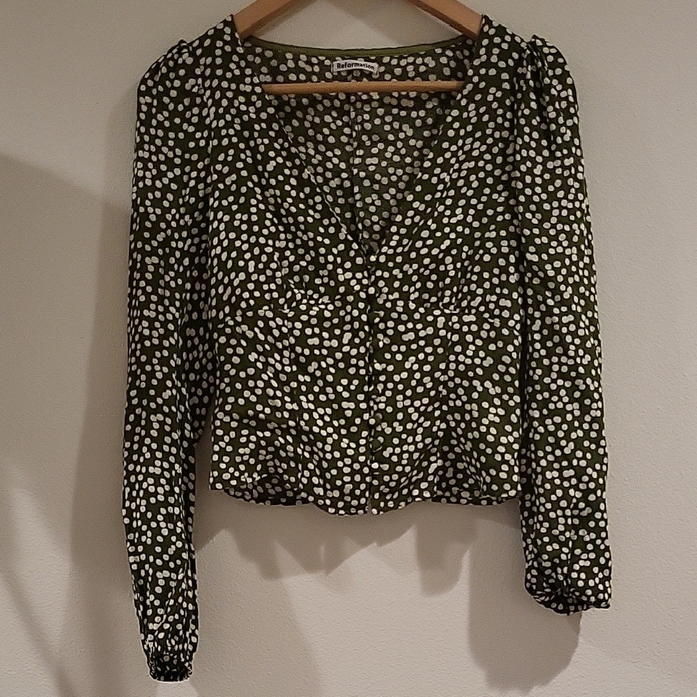 Reformation Olive and White Polka Dot Blouse